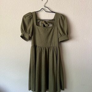 mine Olive Green Square Neck Puff Sleeve Dress with Back Tie